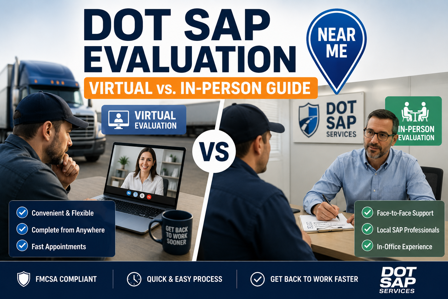 CDL driver comparing virtual and in-person DOT SAP evaluation options