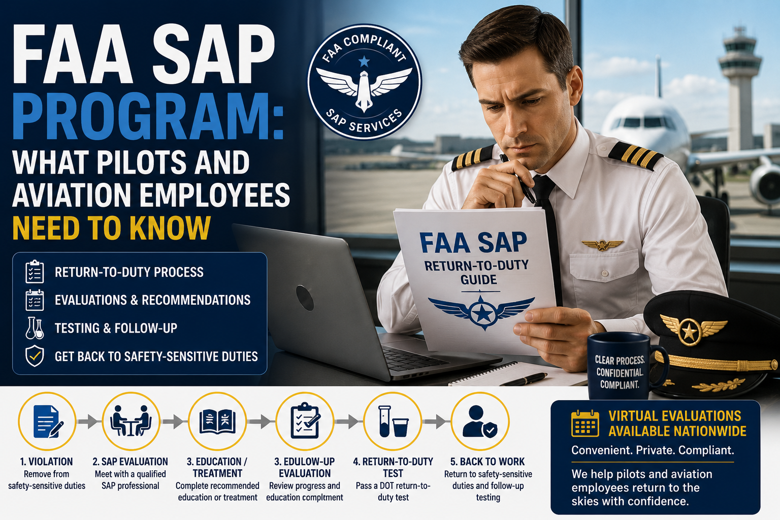 Pilot reviewing FAA SAP Program and return-to-duty requirements