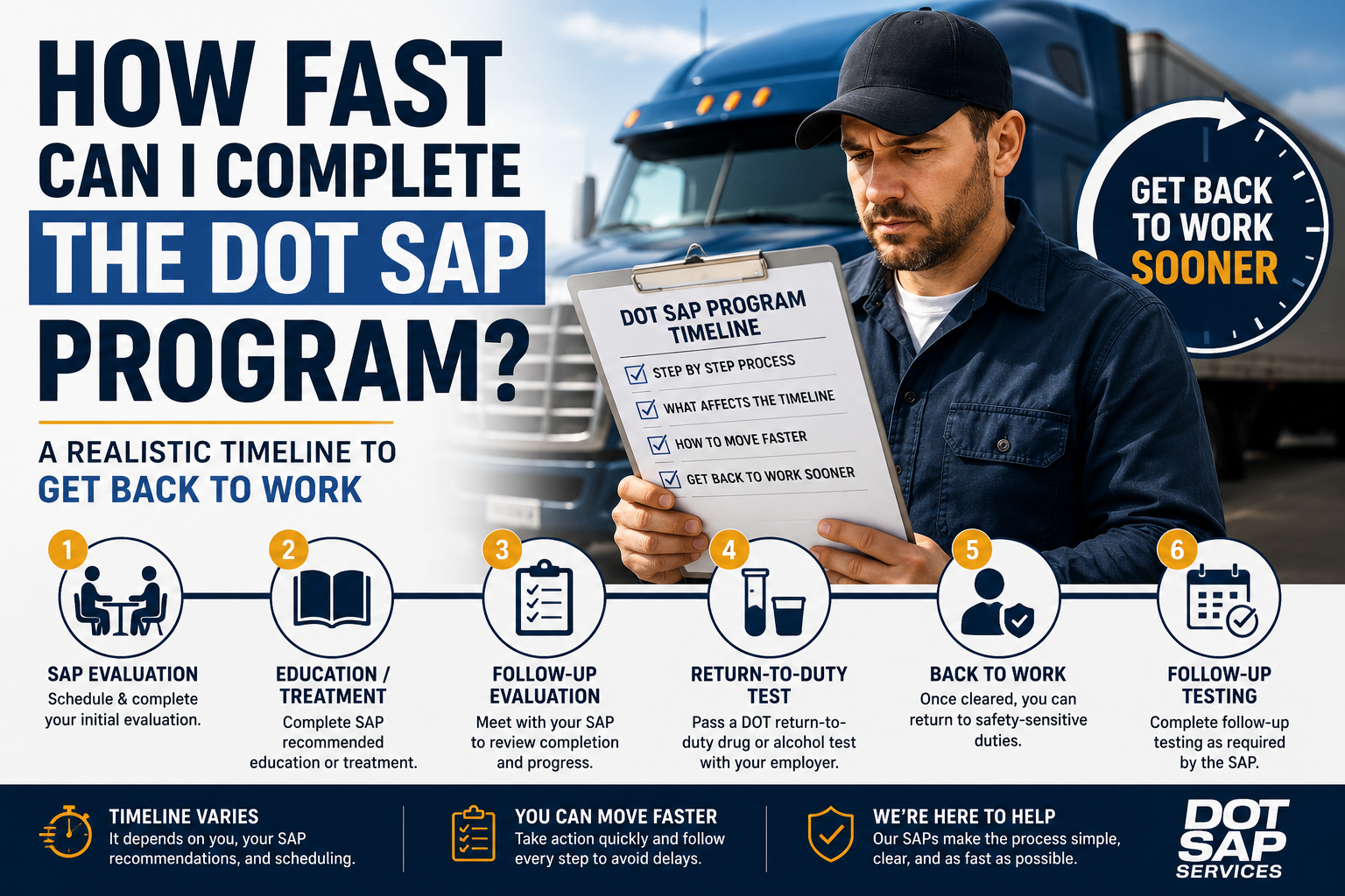 CDL driver reviewing a DOT SAP Program timeline and return-to-duty steps